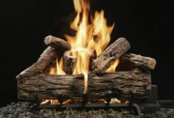 Kingsman 24' Vented Reversible Charred Split Or Barked Oak Log Set With Natural Gas Log Grate Burner - On/Off Millivolt Pilot Kit