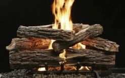 Kingsman 30' Vented Reversible Charred Split Or Barked Oak Log Set With Natural Gas Log Grate Burner - On/Off Millivolt Pilot Kit